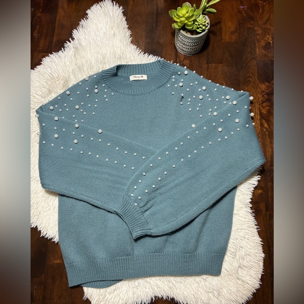 Women's Teal Pearl-Embellished Sweater - Picture 4 of 11